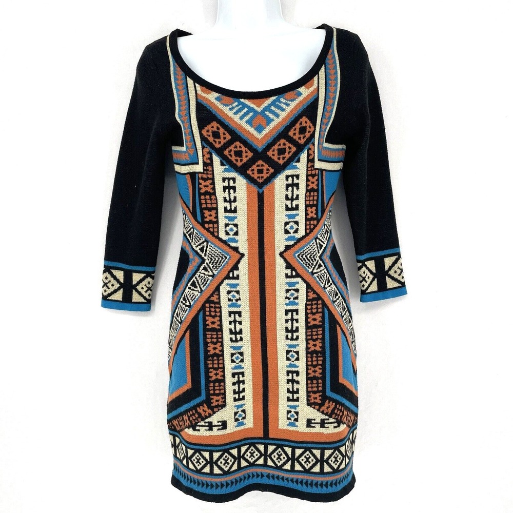 Anthropologie Flying Tomato Aztec Print Sweater Dress Black Blue‎ Orange Size S